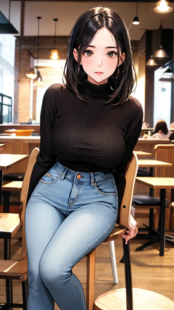 1 girl, alone, cafes, black hair,  sweater, jeans, sit on the chair, dynamic poses, Indoors, Large Breasts