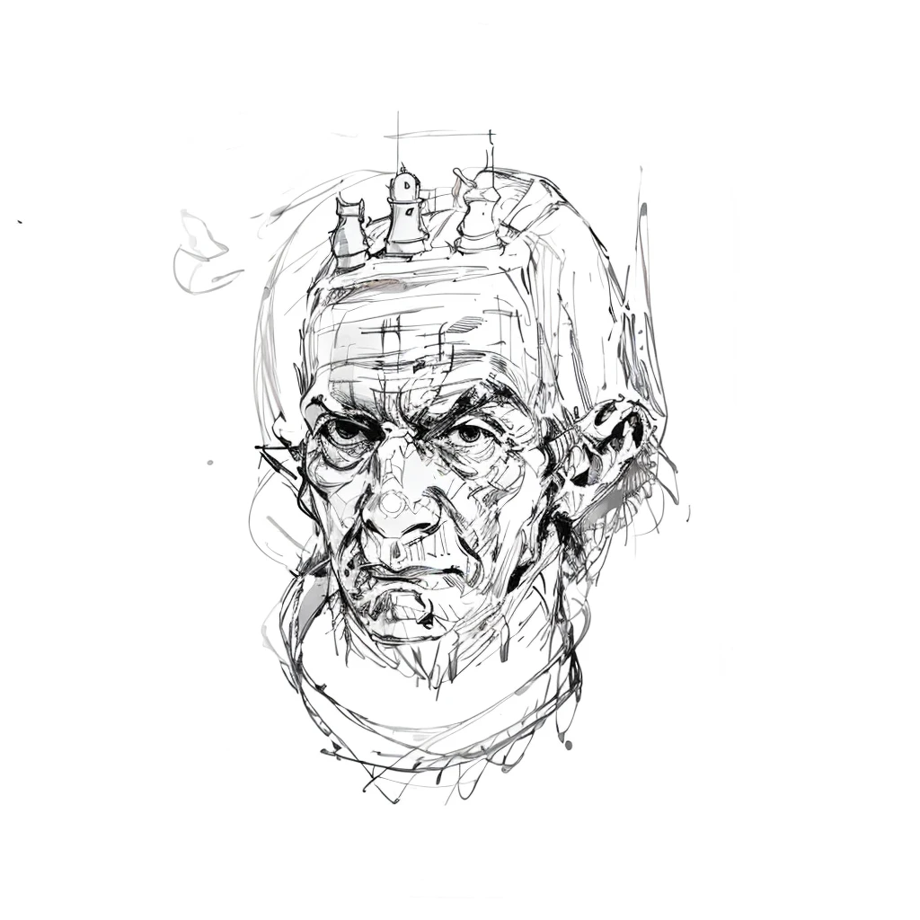 Chess tower man, sketch, black ink