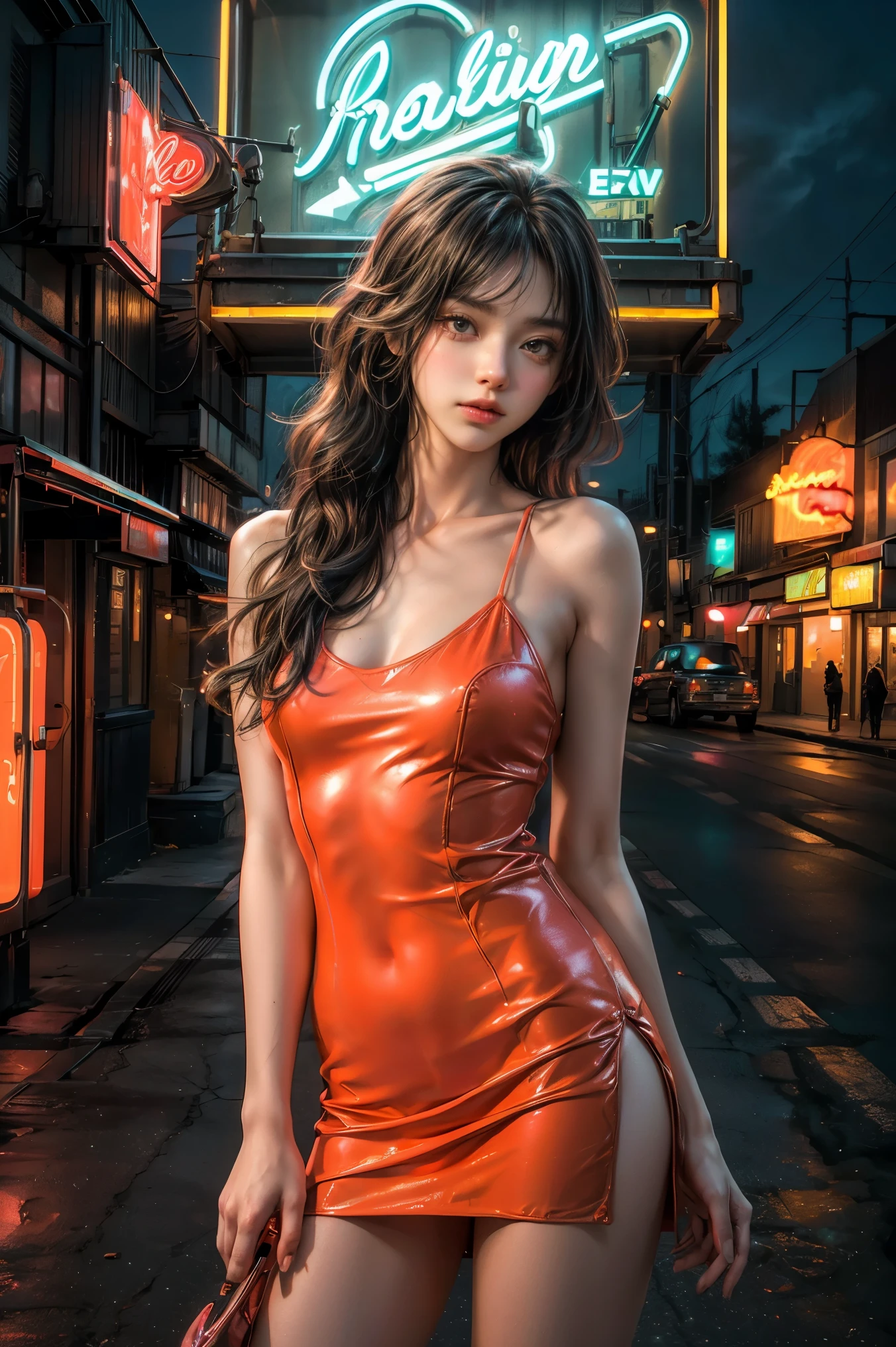 ((masterpiece, best quality, Best image quality, high resolution, realistic, raw photo, 8K)), Araped view of motel with cars parked in front, with neon sign, Woman waiting for guests in front of motel, Temptation, short dress and high heels, route 66, neon sign, 1 9 5 0 Second Americana Tourism, some have neon sign, Neon Lights Outside, neon advertising, gigantic neon sign, neon stores, few neon sign, neon sign in background,
