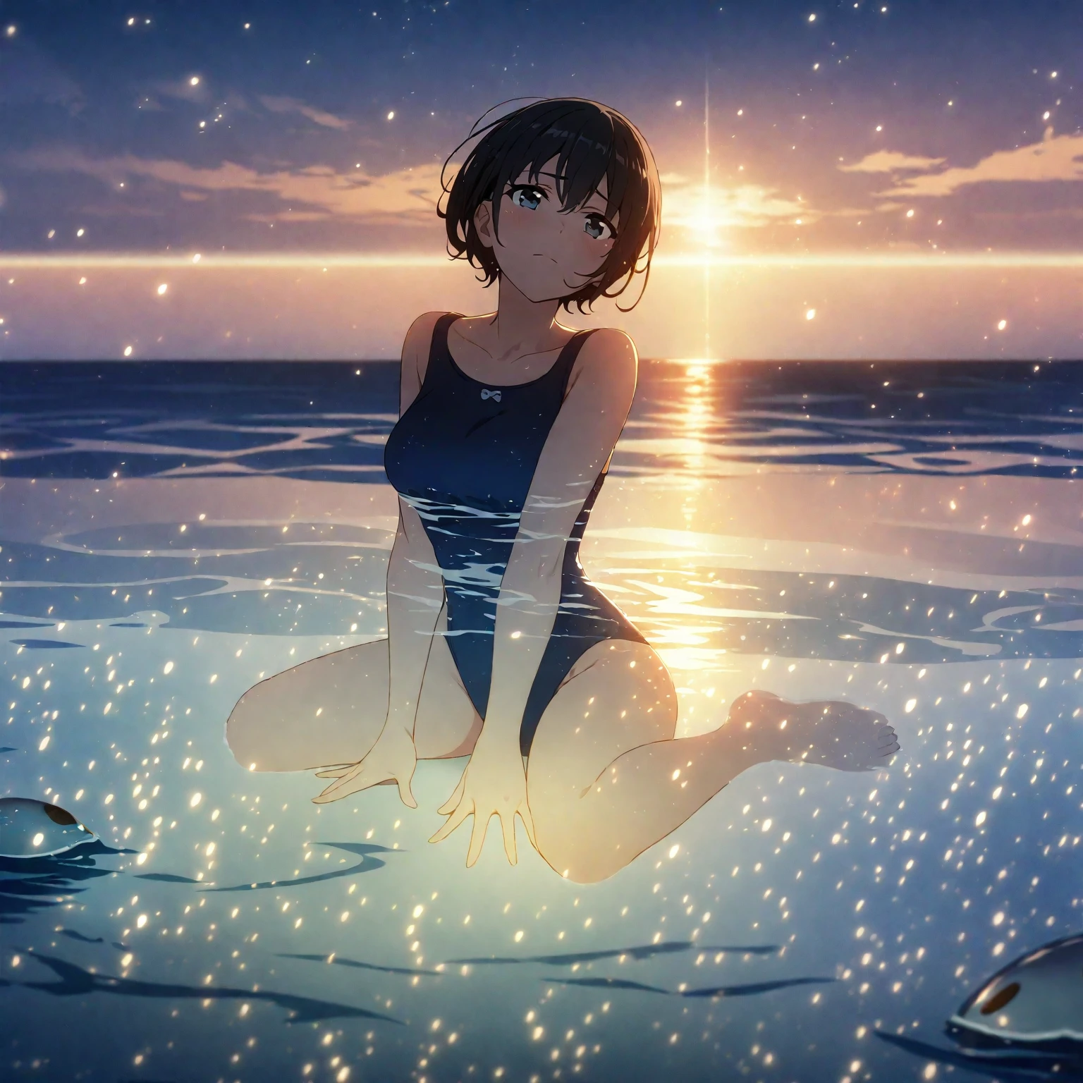 1girl、Black Hair、Navy blue swimsuit、Ocean、Oceanに浸かる、evening、Reflection on the water、deep faint light 、 detailed CG、high resolution