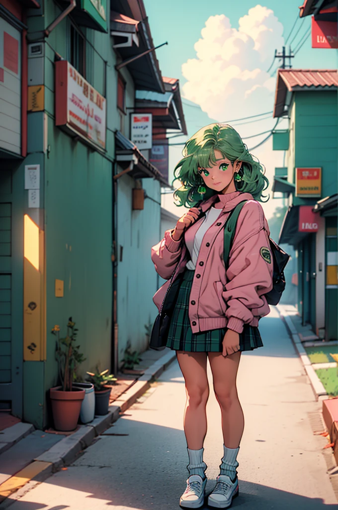 Volume hair, soft hair, emerald green hair and pink inner color, wavy hair, gradation hair, green hair, side braids, wavy hair, two side up, cloud hair, emerald green eyes, high school girl, Cheerful and active, blonde clip, loose socks, plaid skirt, holding smartphone, on the street, (best) quality, 4K, 8K, high resolution, masterpiece: 1.2), ultra-definition, bright colors, soft lighting