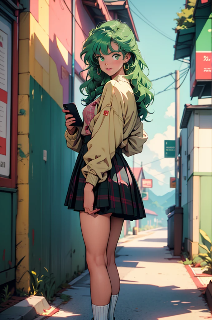 Volume hair, soft hair, emerald green hair and pink inner color, wavy hair, gradation hair, green hair, side braids, wavy hair, two side up, cloud hair, emerald green eyes, high school girl, Cheerful and active, blonde clip, loose socks, plaid skirt, holding smartphone, on the street, (best) quality, 4K, 8K, high resolution, masterpiece: 1.2), ultra-definition, bright colors, soft lighting