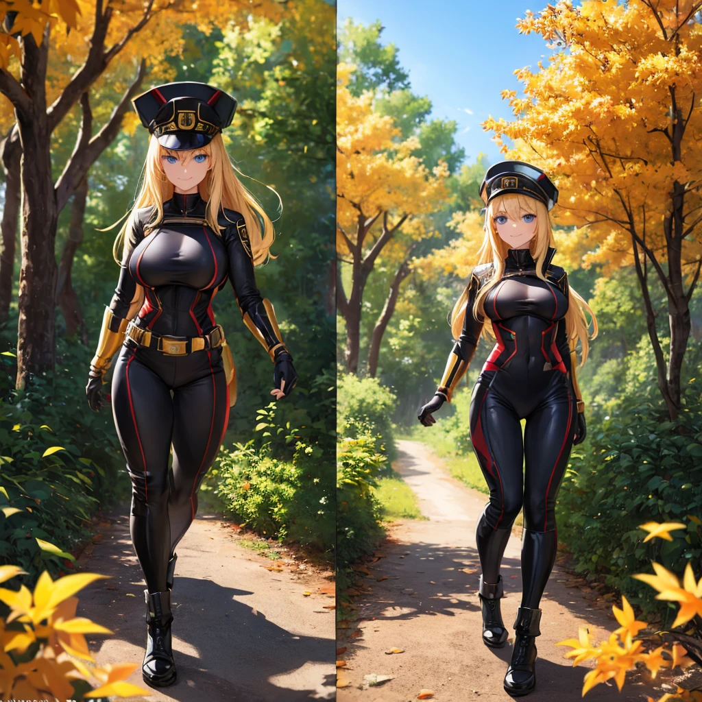 A woman wearing a black ranger uniform with gold details, ranger hat, blonde hair, long hair, blue eyes, smiling, black boots, big breasts, walking on a dirt road, orange trees, autumn weather, in a forest , daytime location, forest climate.. UHD , prime work , accurate , anatomically correct , textured skin , super details , high quality , best quality, 8k, high resolution, bokeh effect. (woman alone).standing posture.
