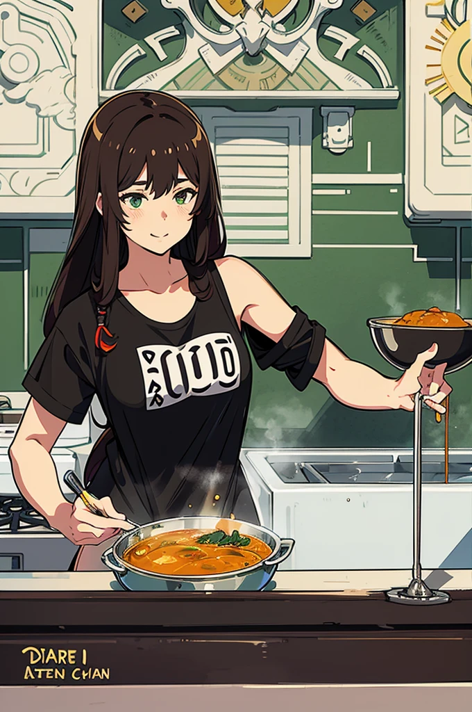 An anime girl, masterpiece, best quality, ultra detailed, 4K, 8K, A beautiful 20-year-old woman with dark brown, high-tied dreadlocks and tanned skin, cooking curry in a futuristic American kitchen. She wears a tight black tank top that accentuates her voluptuous figure. Her eyes are a stunning green, and she has a dazzling smile. She is stirring a pot of curry with a ladle, with sunlight streaming in from a small window at the side, creating a dramatic composition. The background is a near-futuristic American kitchen. The scene is in the style of Japanese anime and watercolor. Focus on her upper body, ensure the world is immersive, and do not include text in the image or any deformed human anatomy.
