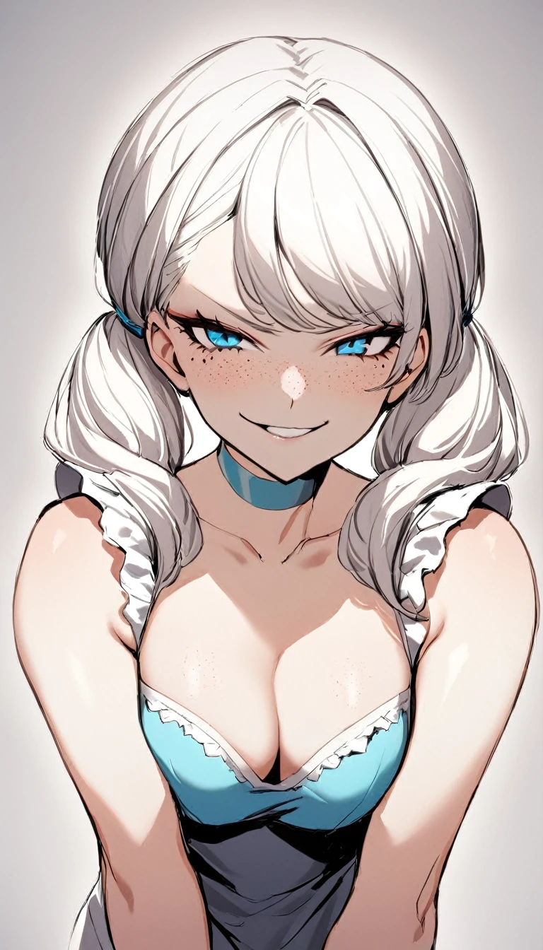 1 Girl, Maid Style, Maid Uniform, Medium Breasts, Blue Eyes, Platinum White Hair, Twin Tail Hair Style, Pale White Skin, Smooth Skin, Face Freckles, Nice Cleavage, Slutty, Sexy, Sassy, Smirking, Tease, Teasing, Leaning Forward, Side Profile, Upper Body Shot,