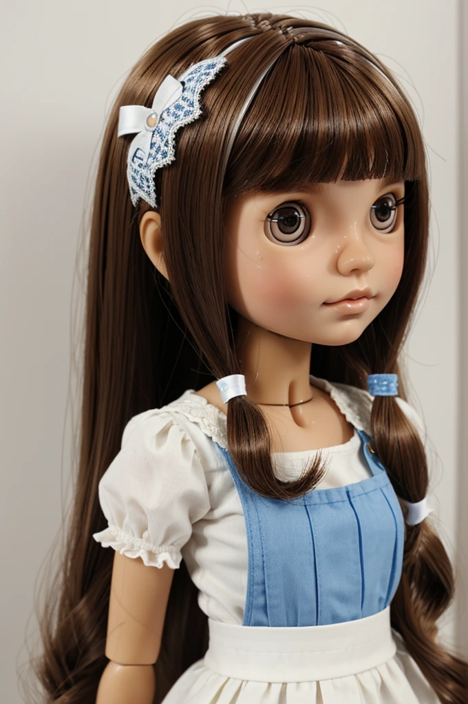 design a blythe doll with a chestnut hair with a side part and wearing a clip color blue and white and is brown eyes. wearing a white cute and elegant top