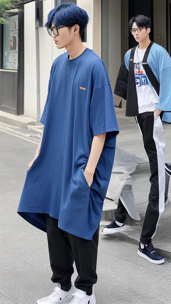 21 year old seoul boy, he is ((oversized xxl blue plain T shirt)), wearing black Trousers, wearing sneakers, wearing glasses, fully body, (he is 한국 머리카락입니다) Korean style, walking, buzz Hairstyle