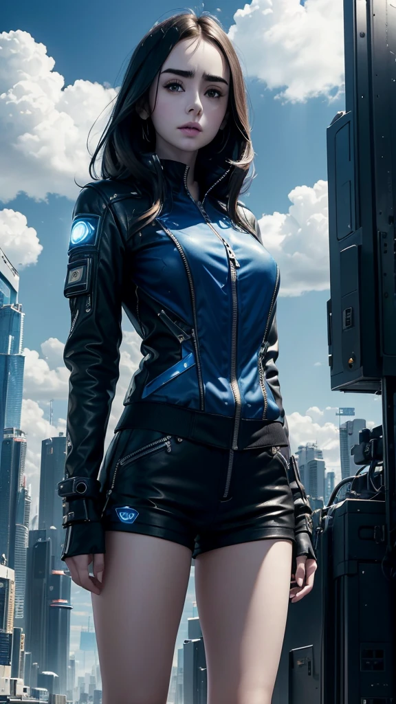 Lily Collins,tall and big，skin，Top shorts，Black shorts，Buttons，zipper，Complex workmanship，icon，company logo，Emit blue light，background，Future Technology，Cyberpunk City，，big gear，wind，Blue sky and white clouds，