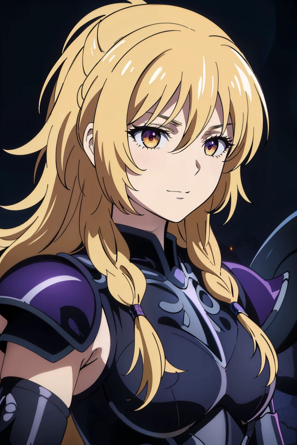 (high-quality, breathtaking),(expressive eyes, perfect face) portrait, Symmetrical Eyes, 1girl, female, solo, adult, blonde yellow hair, red purple coloured eyes, medium hair length, side bangs, fluffy hair, looking at viewer, portrait, black background, narrow eyes, soft eerie blue lighting background, rock terrain background, Hades Armor, Hypnos Saint Seiya Armor, Thanatos Saint Seiya Armor, Dark Purple Armor, trim, full plate, feminine face, half body shot, braid, hair ornament, cute smile
