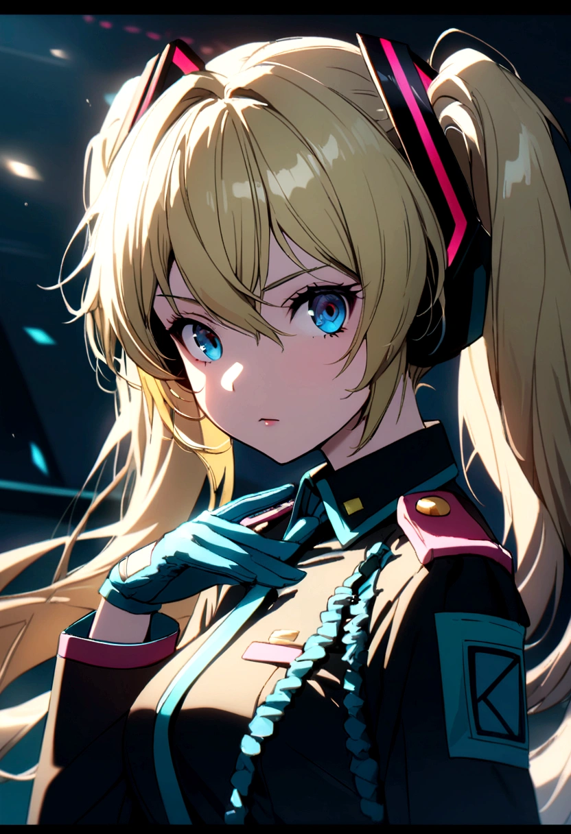 hatsune miku, solo, blonde hair, blue eyes, military uniform, gloves, breasts, 