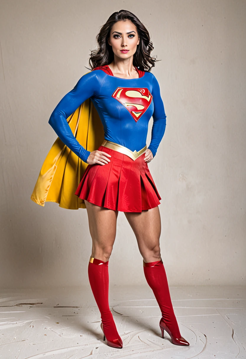 Female, Slim Super woman, comic book, super hero, Superman logo on cheat, blue and red super hero outfit, yellow skirt, strong legs