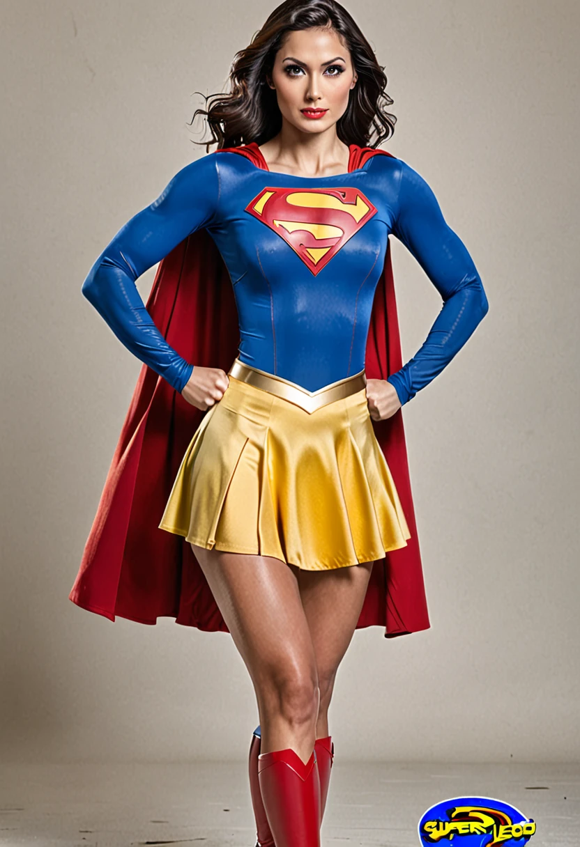 Female, Slim Super woman, comic book, super hero, Superman logo on cheat, blue and red super hero outfit, yellow skirt, strong legs