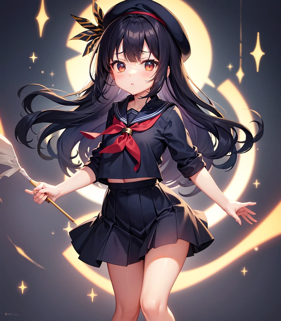 (Sailor suit),(((Navy Mini Skirt))),(Revealing clothing),In a naughty way,beret,,Cute little ,Tiny Lori,Small girl,,Childish face, Very fine clean face,Top quality, Big eyes,Straight Hair,Yellow hair,Crimson Eye,(Dark Room), Subtle light, Natural light,Soft lighting,Light from directly behind, (Are standing), Cute pose, (Open your hands), Showing the whole body,Front view,Black background