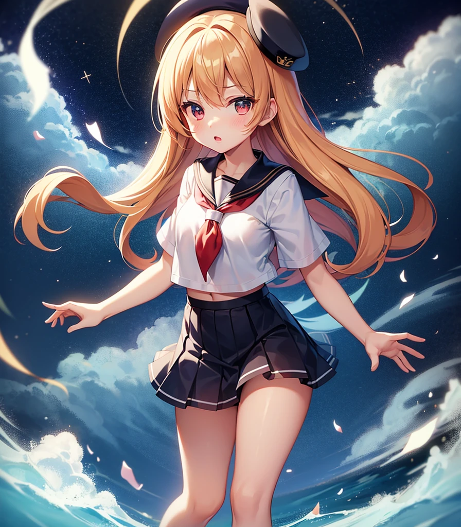 (Sailor suit),(((Navy Mini Skirt))),(Revealing clothing),In a naughty way,beret,,Cute little ,Tiny Lori,Small girl,,Childish face, Very fine clean face,Top quality, Big eyes,Straight Hair,Yellow hair,Crimson Eye,(Dark Room), Subtle light, Natural light,Soft lighting,Light from directly behind, (Are standing), Cute pose, (Open your hands), Showing the whole body,Front view,Black background