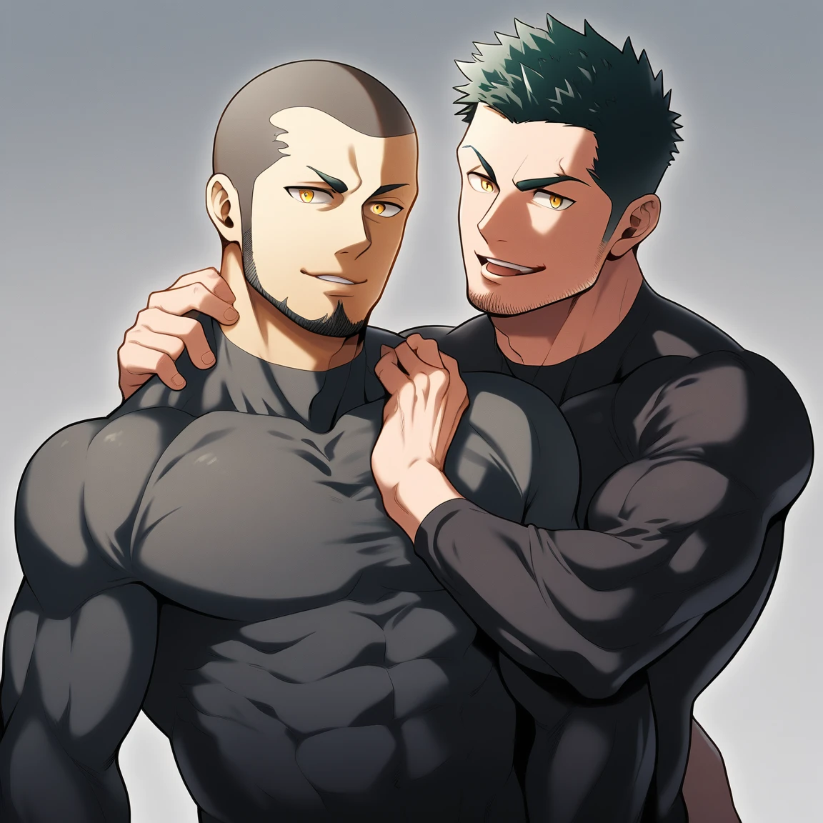 anime characters:Two superheroes in tights, Priapus and Muscle skinhead buddhist monk, negro black skin, They hugged and kissed each other, Bite your neck, Caress, Manliness, male focus, Yellow and black high collar long sleeve tight T-shirt, Slightly transparent material, Very tight, Round, full and perky chest muscles, Muscle waist, Slightly transparent, muscular male, muscular, only, Upper body, alone, Black short hair, Thick eyebrows, stubble, Yellow eyes, Grey background, simple background, amazing quality, best aesthetics, Ridiculous, bright pupils, crew cut, parted lips, seductive smile, torogao, naughty face, drop shadow, best quality
