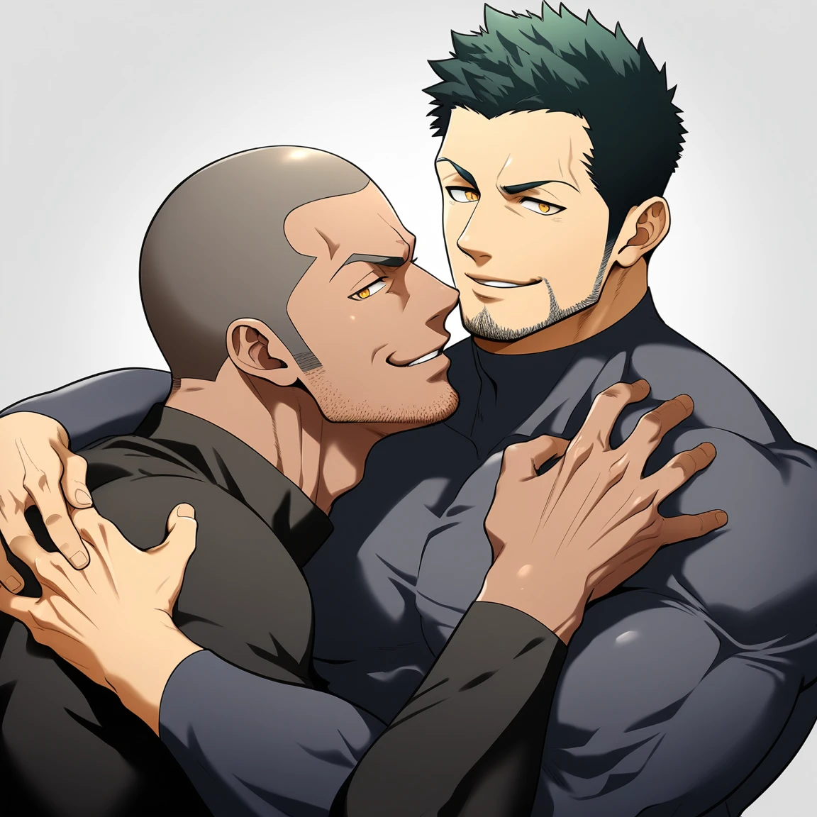 anime characters：Two superheroes in tights, Priapus and Muscle skinhead buddhist monk, negro black skin, They hugged and kissed each other, Bite your neck, Caress, Manliness, male focus, Yellow and black high collar long sleeve tight T-shirt, Slightly transparent material, Very tight, Round, full and perky chest muscles, Muscle waist, Slightly transparent, muscular male, muscular, only, Upper body, alone, Black short hair, Thick eyebrows, stubble, Yellow eyes, Grey background, simple background, amazing quality, best aesthetics, Ridiculous, bright pupils, crew cut, parted lips, seductive smile, torogao, naughty face, drop shadow, best quality