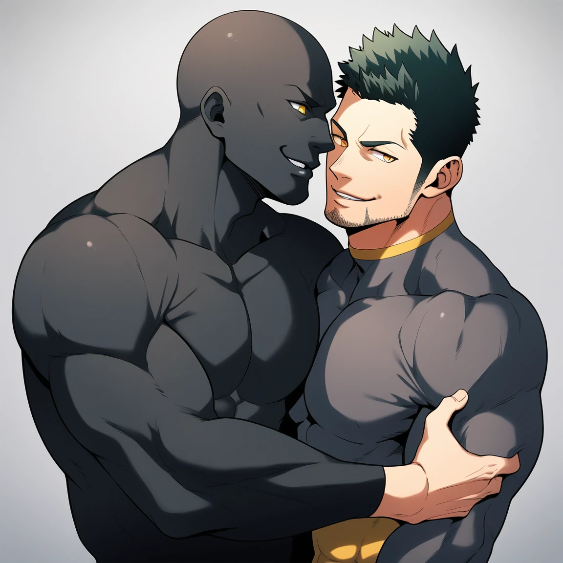 anime characters:Two superheroes in tights, Priapus and Muscle skinhead buddhist monk, negro black skin, They hugged and kissed each other, Bite your neck, Caress, Manliness, male focus, Yellow and black high collar long sleeve tight T-shirt, Slightly transparent material, Very tight, Round, full and perky chest muscles, Muscle waist, Slightly transparent, muscular male, muscular, only, Upper body, alone, Black short hair, Thick eyebrows, stubble, Yellow eyes, Grey background, simple background, amazing quality, best aesthetics, Ridiculous, bright pupils, crew cut, parted lips, seductive smile, torogao, naughty face, drop shadow, best quality