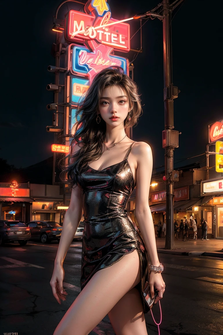 ((masterpiece, best quality, Best image quality, high resolution, realistic, raw photo, 8K)), Araped view of motel with cars parked in front, with neon sign, Woman waiting for guests in front of motel, Temptation, short dress and high heels, route 66, neon sign, 1 9 5 0 Second Americana Tourism, some have neon sign, Neon Lights Outside, neon advertising, gigantic neon sign, neon stores, few neon sign, neon sign in background,