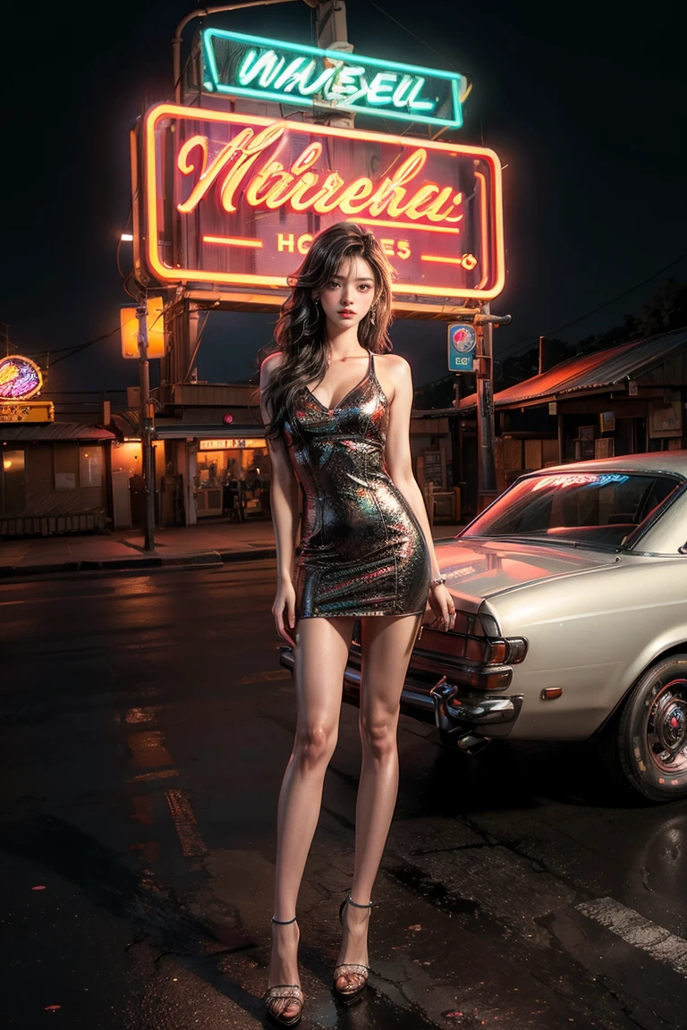 ((masterpiece, highest quality, Highest image quality, High resolution, photorealistic, Raw photo, 8K)), arafed view of a motel with a car parked in front of it, with neon signs, A woman waiting for a guest in front of a motel, seduction, short dress with exposed breasts and high heels, Open your legs and roll up your skirt, route 6 6, neon signs, 1 9 5 0 s americana tourism, some have neon signs, neon lights outside, neon advertisements, gigantic neon signs, neon shops, by Arnie Swekel, few neon signs, neon signs in background,