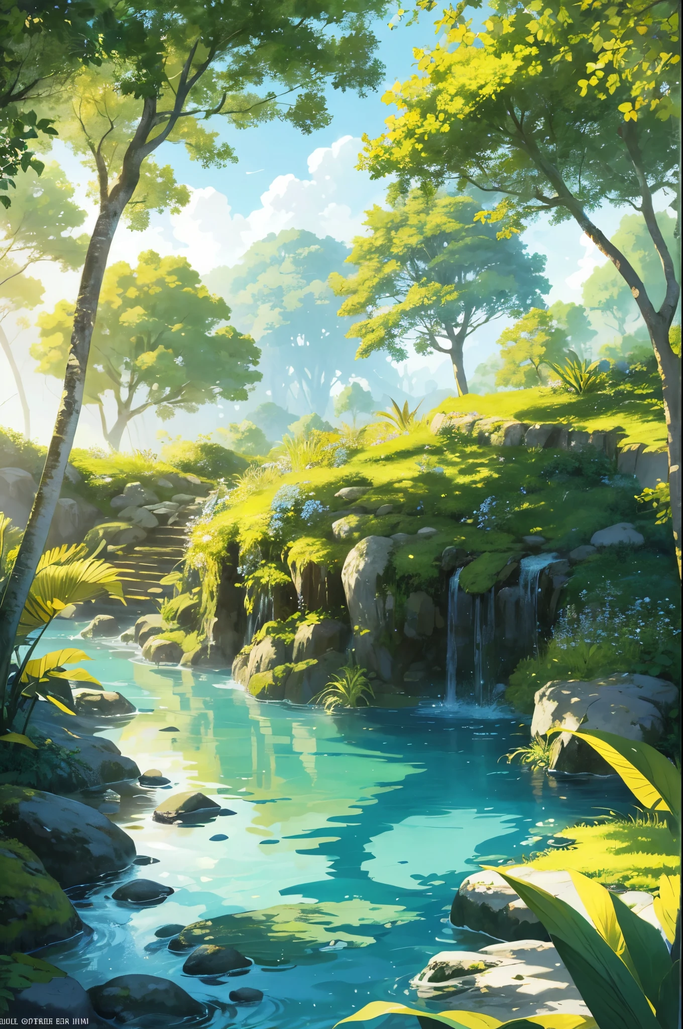 Illustrate a serene and tranquil summer landscape that evokes a sense of peace, awe, and calm. This breathtaking scene is adorned with vivid, vibrant colors that burst forth in every direction, creating a visual symphony of nature's beauty. The meticulously crafted photorealistic 8K image showcases the harmonious coexistence of various elements, from the lush, verdant foliage to the crystal-clear, azure waters.

The sun casts a gentle golden hue over the scene, as it illuminates the landscape with a warm, soft light. The dappled sunlight filters through the towering trees, creating intricate patterns