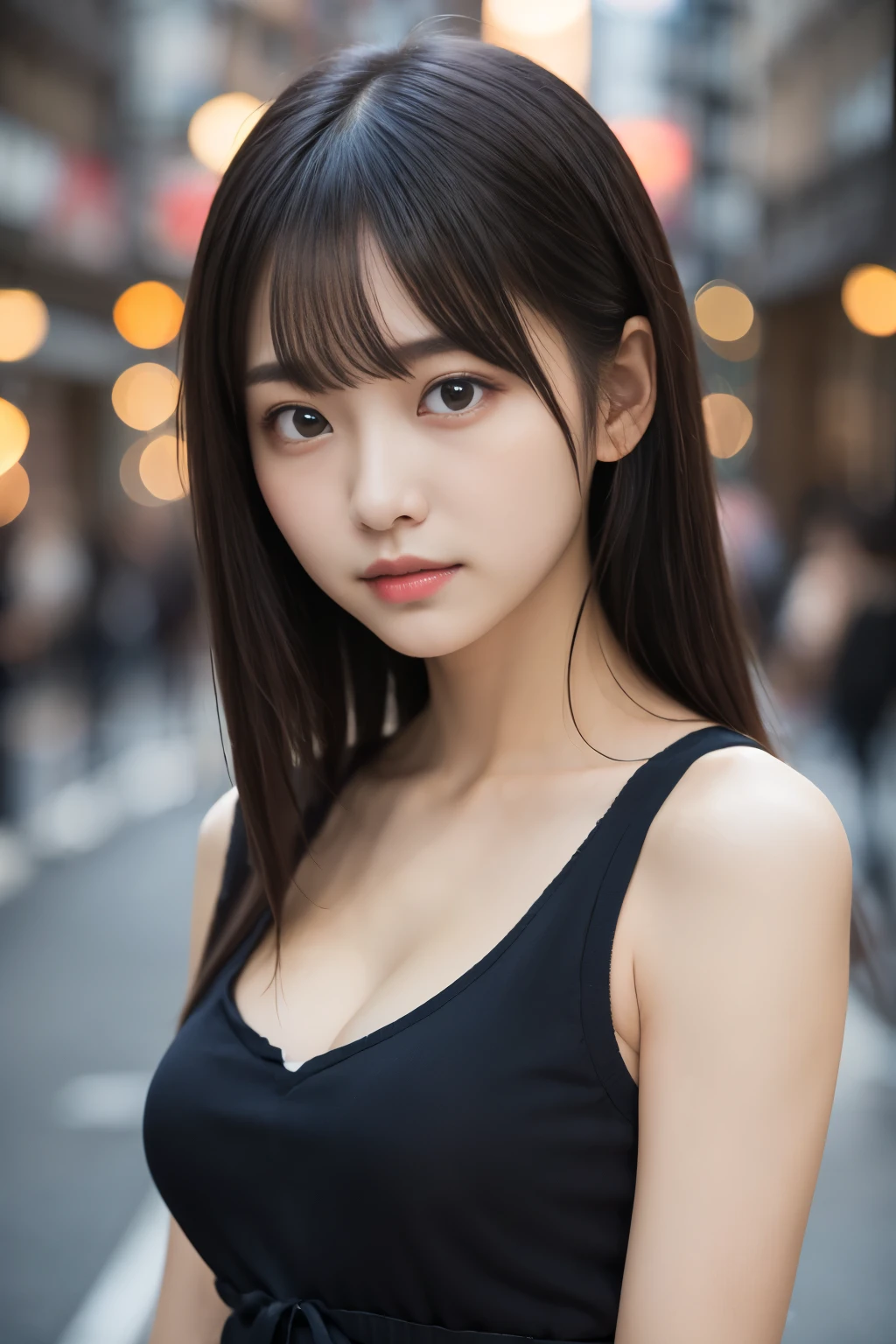 (8K、Raw photo、Highest quality、masterpiece:1.2)、(Realistic、Photorealistic:1.37)、Ultra-detailed、Ultra-high resolution、1 girl、18-year-old, (Staring with a sad expression:1.2), (Super cute face in the style of a Japanese idol:1.2), Beautifully detailed face、 The double eyelids are big and beautiful, (Slim waist:1.3)、No makeup,  shirt、Beautifully detailed skin、Skin Texture、Shiny black hair, Medium Straight Hair、With bangs, Professional Lighting、Bob Hair、