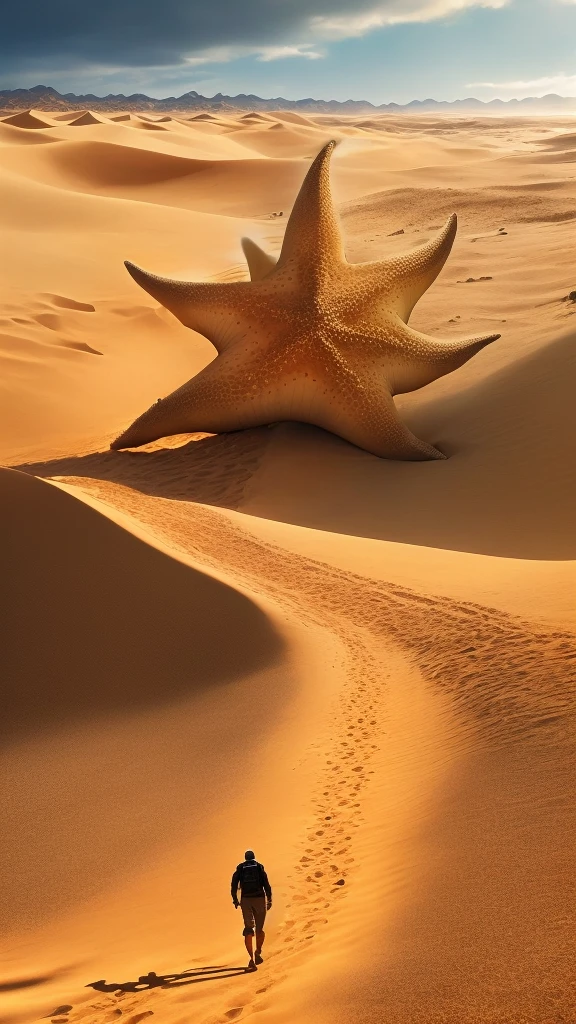 A person walking on the beach with a giant starfish, sandworm, sand desert fantasy, Aliens arrive in the dunes, dune style, Somewhere in the desert, walking In the desert, Details of sand dunes, In the desert beside the gulf, Crossing the Desert, sand desert, Alien desert, In the desert, Sahara, In the dunes