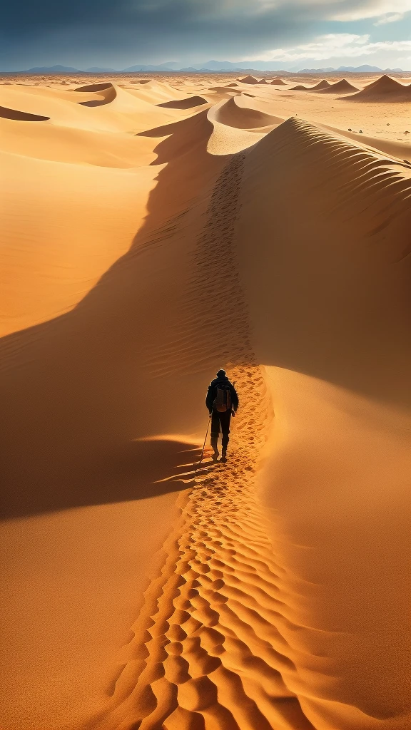 A person walking on the beach with a giant starfish, sandworm, sand desert fantasy, Aliens arrive in the dunes, dune style, Somewhere in the desert, walking In the desert, Details of sand dunes, In the desert beside the gulf, Crossing the Desert, sand desert, Alien desert, In the desert, Sahara, In the dunes