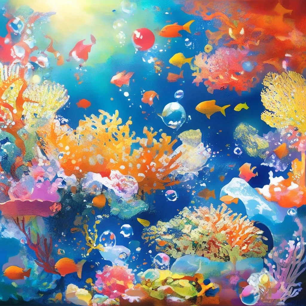 Beautiful deep sea at your command、lots of bubbles、Air bubbles、Light、Coral Reef、Round feeling