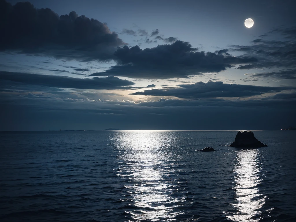 photography of the sky with a full moon and dark clouds, mysterious atmosphere, the reflection of the moon on the sea