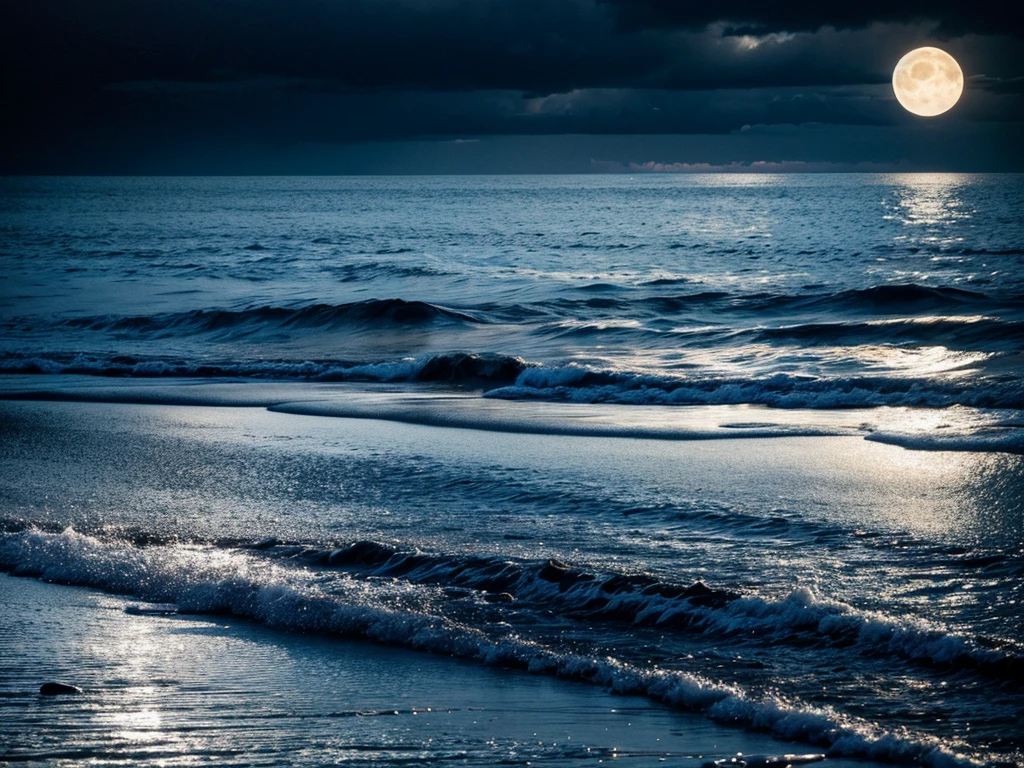 photography of the sky with a full moon and dark clouds, mysterious atmosphere, the reflection of the moon on the sea