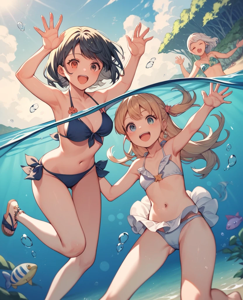 Highest quality, Very detailed, masterpiece, anime,Highest quality,Japanese ,THREE Girls,Swimwear,bikini,Beach,Dynamic pose,Open your mouth,smile,Transparent haori,Browsing Caution,Underwater photography,Hug Pose,Modest chest