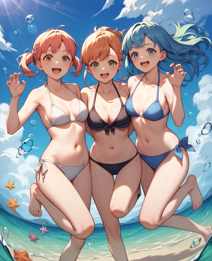 Highest quality, Very detailed, masterpiece, anime,Highest quality,Japanese ,THREE Girls,Swimwear,bikini,Beach,Dynamic pose,Open your mouth,smile,Transparent haori,Browsing Caution,Underwater photography,Hug Pose,Modest chest