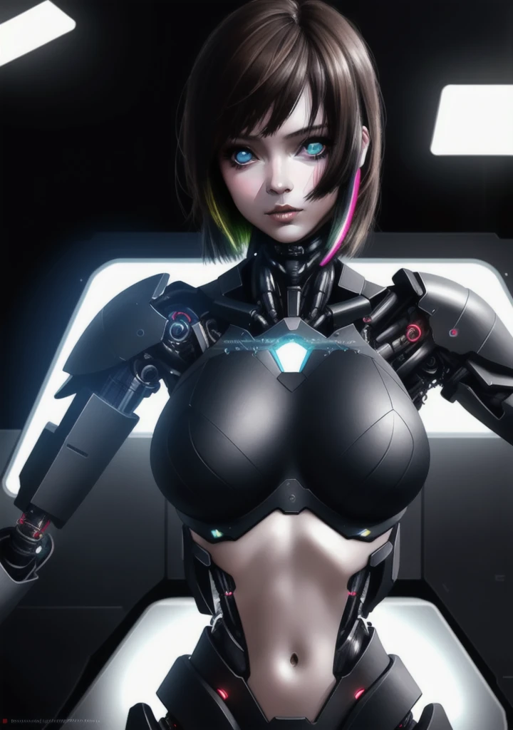 1 young girl, A beautiful detailed cyborg girl in a cyberpunk laboratory, wearing a cyberpunk cyborg crop top armor with holographic highlights, her slender delicate body and skinny nubile figure shimmering in the hazy light, her alluring face with a forlorn seductive look, azure eyes, and short medium brown messy hair with subsurface-scattering glimmers, captured in a dramatic, dark, and hazy cyberpunk atmosphere, with a bustling sci-fi lab background, on the programming unit, a stunning gradient of shadow blends with the neon-light, a phenomenal, photorealistic, cinematic shot with perfect contrast and sharp focus, an unparalleled masterpiece of erotic innocence, (best quality,8k,highres,masterpiece:1.2),ultra-detailed,(realistic,photorealistic,photo-realistic:1.37),HDR,UHD,studio lighting,ultra-fine painting,sharp focus,physically-based rendering,extreme detail description,professional,vivid colors,bokeh,portraits,sci-fi,photography,concept artists,dramatic lighting,neon lights,holographic,sci-fi technology