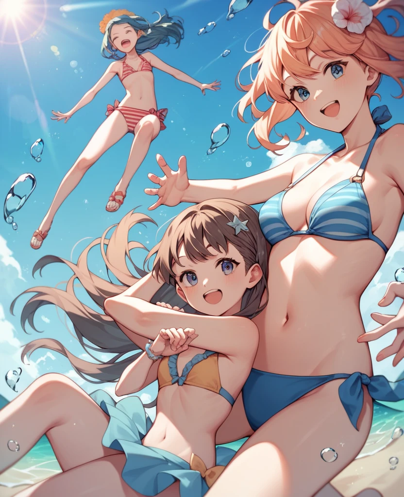 Highest quality, Very detailed, masterpiece, anime,Highest quality,Japanese ,THREE Girls,Swimwear,bikini,Beach,Dynamic pose,Open your mouth,smile,Transparent haori,Browsing Caution,Underwater photography,Hug Pose,Modest chest