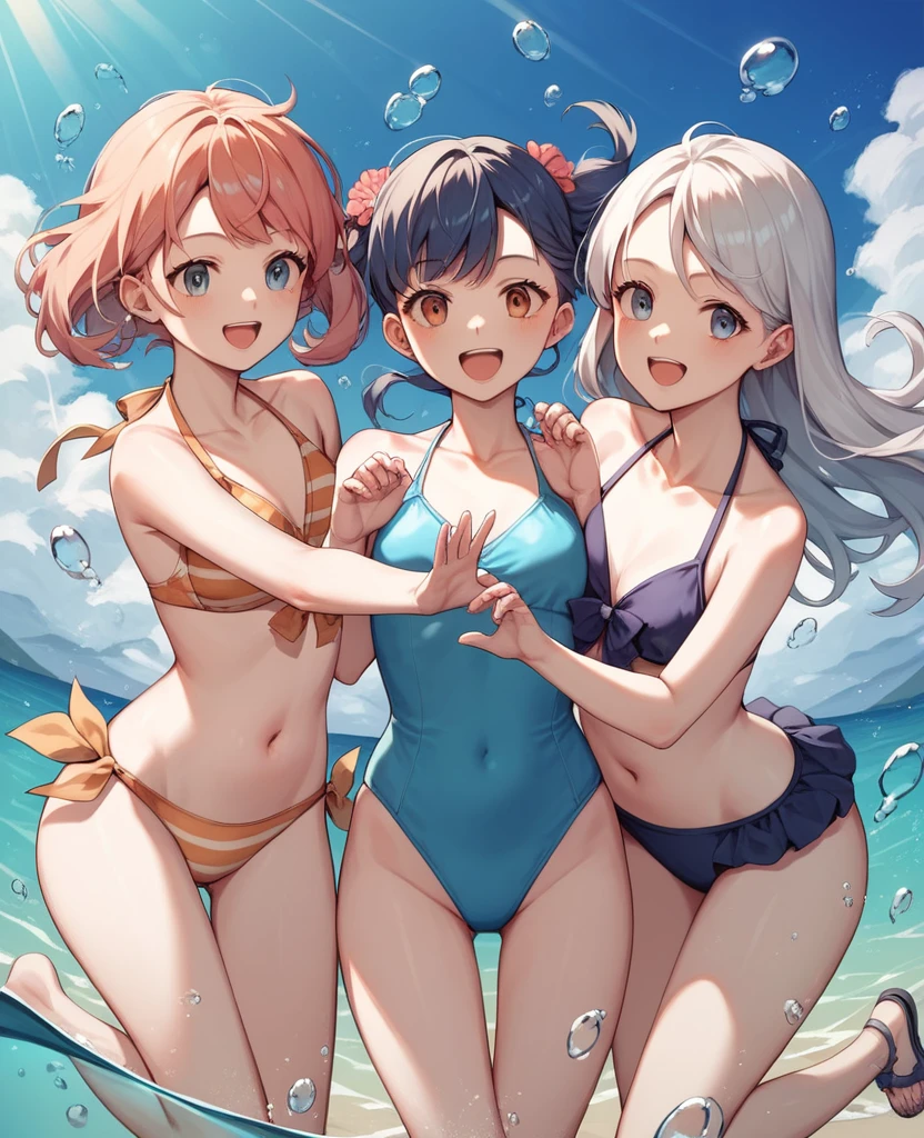 Highest quality, Very detailed, masterpiece, anime,Highest quality,Japanese ,THREE Girls,Swimwear,bikini,Beach,Dynamic pose,Open your mouth,smile,Transparent haori,Browsing Caution,Underwater photography,Hug Pose,Modest chest
