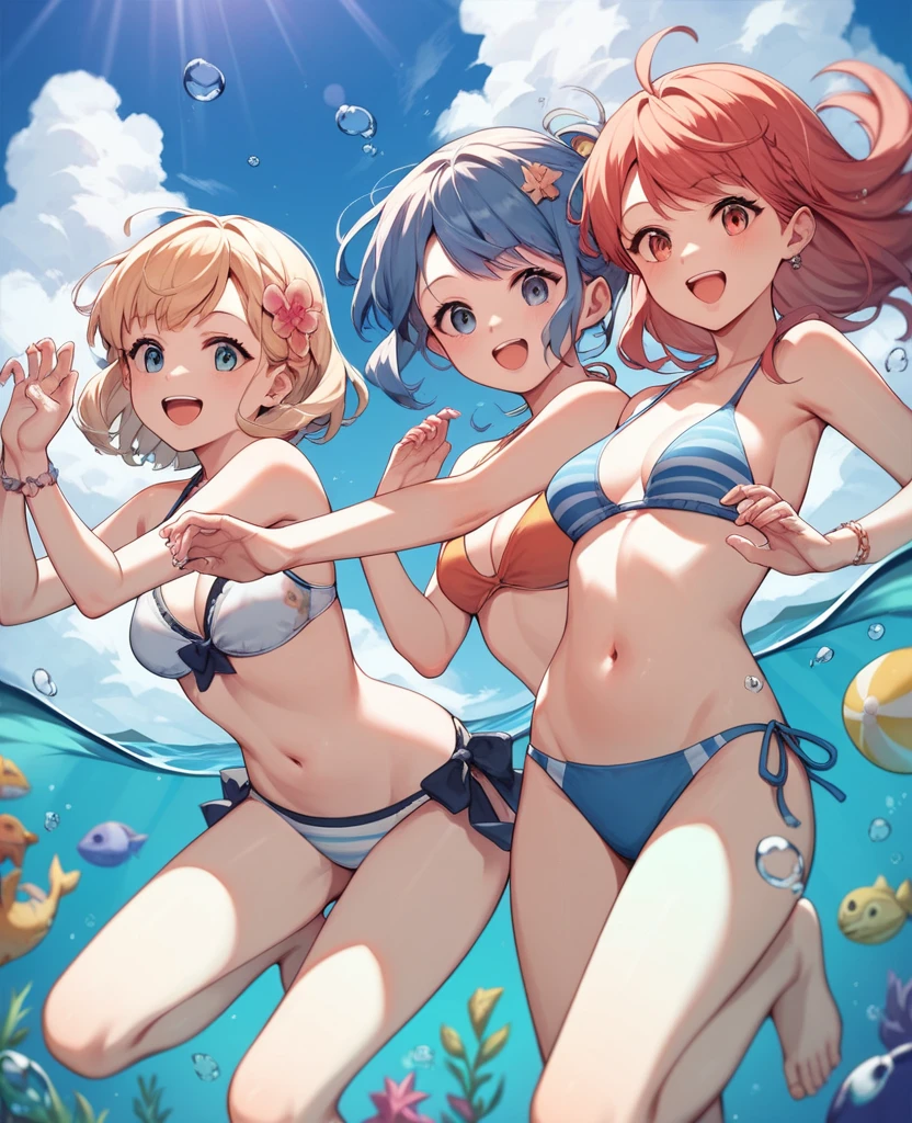 Highest quality, Very detailed, masterpiece, anime,Highest quality,Japanese ,THREE Girls,Swimwear,bikini,Beach,Dynamic pose,Open your mouth,smile,Transparent haori,Browsing Caution,Underwater photography,Hug Pose,Modest chest
