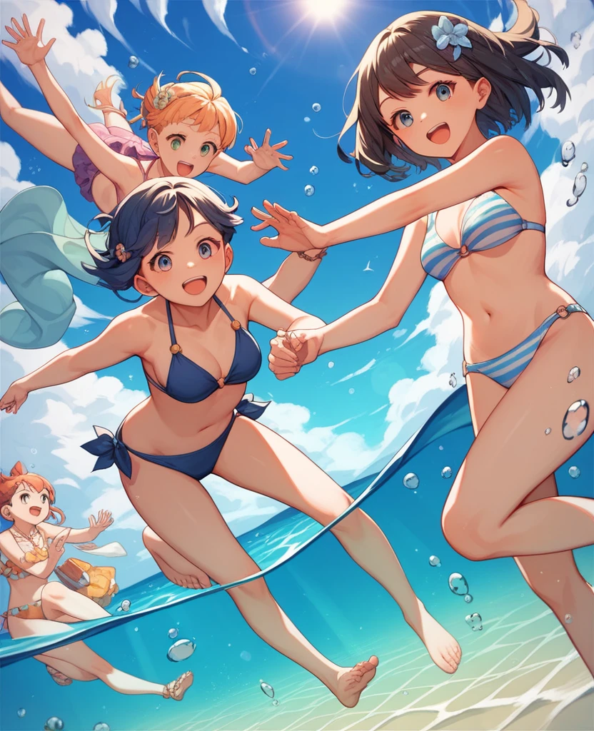 Highest quality, Very detailed, masterpiece, anime,Highest quality,Japanese ,THREE Girls,Swimwear,bikini,Beach,Dynamic pose,Open your mouth,smile,Transparent haori,Browsing Caution,Underwater photography,Hug Pose,Modest chest