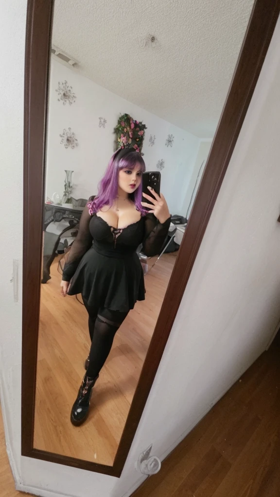Curvy girl, big hips, small waist, purple hair, selfie mirror, hd, beautiful face, realistic, purple hair, big , goth girl, goth style, sexy goth, gorgeous sexy curvy girl, purple hair with bangs, thicc, flat belly, small belly, , angelawhite, mirror selfie, loish, thick body, thicc build, pawg, exposed thighs middle body shot, thick thighs, Curvy girl, tiny waist, tick girl, mid hair, hair with bangs, lihgt pink hair, big butt, curves, selfie, mirror selfie, thick sexy girl, thight outfit, latina beauty, big tits, nice , beautiful , flat tummy, tiny waist, flat belly, 1girl in, (Best Quality:1.4), (Ultra-detailed), (Detailed light), (extremely detailed beautiful face), Amazing face and eyes, Brown eyes, Beautiful sheer lace details, Beautiful breasts, (()), Best Quality, extremely detailed CG unified 8k wallpaper, High-definition raw color photos, professional photograpy, goth girl, goth outfit