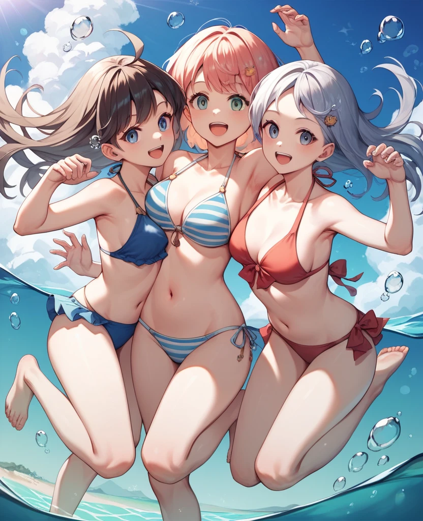 Highest quality, Very detailed, masterpiece, anime,Highest quality,Japanese ,THREE Girls,Swimwear,bikini,Beach,Dynamic pose,Open your mouth,smile,Transparent haori,Browsing Caution,Underwater photography,Hug Pose,Modest chest