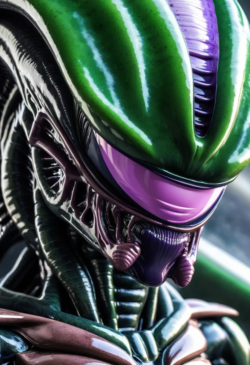 (((Extreme close-up Xenomorph Alien the eighth passenger fused with (((Imperfect Cell Hybrid))) universe Dragon Ball Z front images Color Splash)))