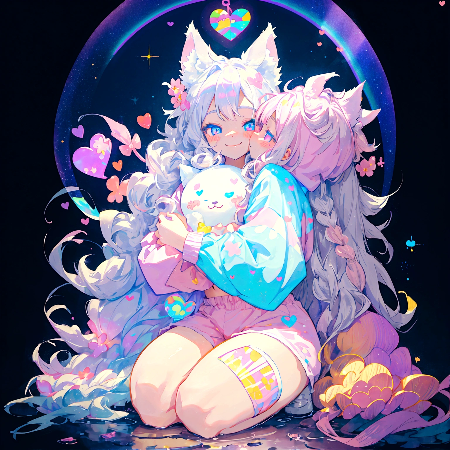 a cute adult male with wolf ears, long white hair, long locks, has a wolf tail, thick thighs, wide hips, short, wearing pink romper with a hood and pink shorts, has heart on shirt, has bunny ears on hood, very slim, showing slender tummy, squishy thighs, has glowing blue eyes. alone, solo (ALONE)(SOLO), surrounded by rainbows, colorful galaxy backround, smiling, on knees ontop of a pile of fluffy plushes, plushies everywhere, kawaii plushies, surrounded by bubbles, surrounded by rainbow leaves, thicc thighs, stretching out, hands covered, hugging plushie