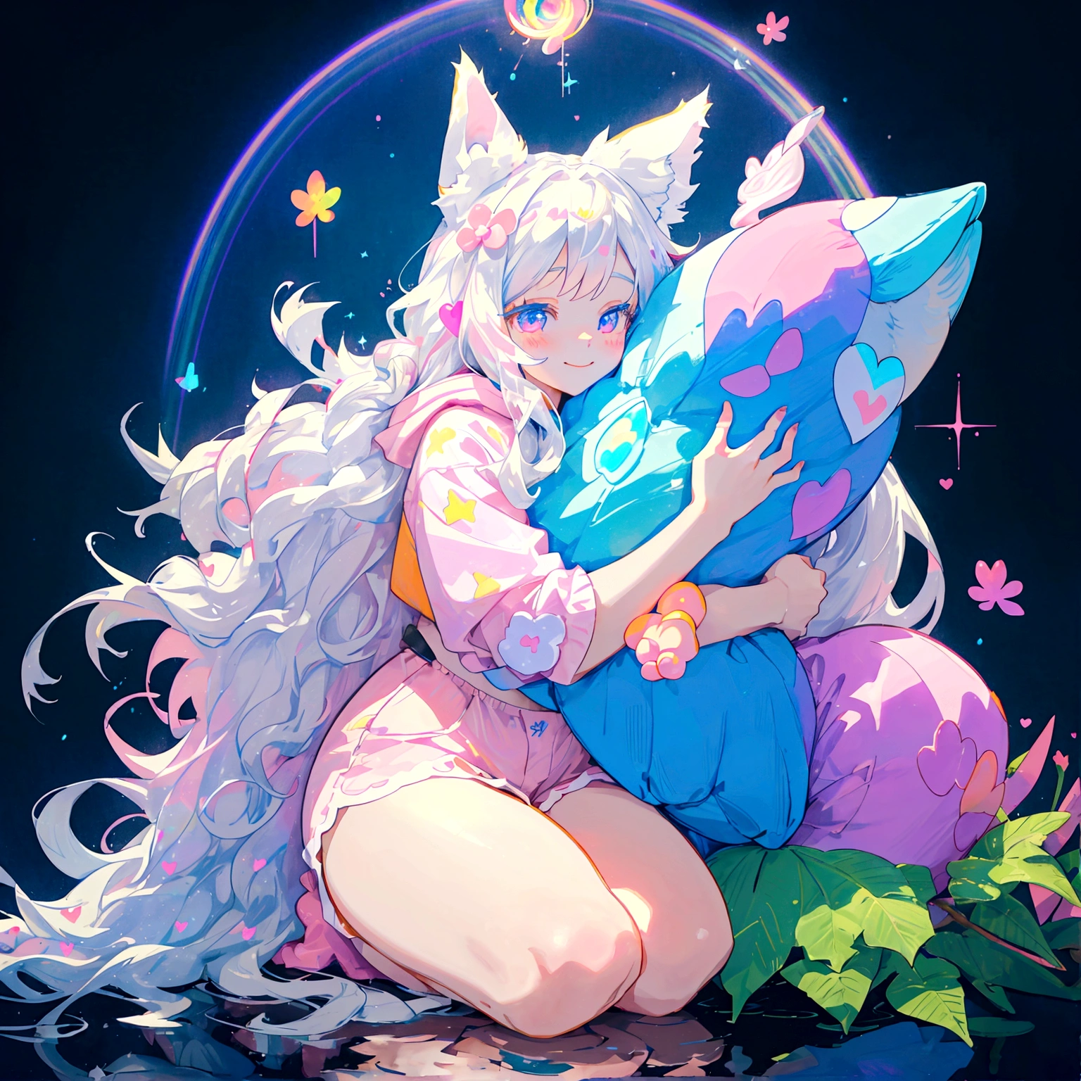 a cute adult male with wolf ears, long white hair, long locks, has a wolf tail, thick thighs, wide hips, short, wearing pink romper with a hood and pink shorts, has heart on shirt, has bunny ears on hood, very slim, showing slender tummy, squishy thighs, has glowing blue eyes. alone, solo (ALONE)(SOLO), surrounded by rainbows, colorful galaxy backround, smiling, on knees ontop of a pile of fluffy plushes, plushies everywhere, kawaii plushies, surrounded by bubbles, surrounded by rainbow leaves, thicc thighs, stretching out, hands covered, hugging plushie