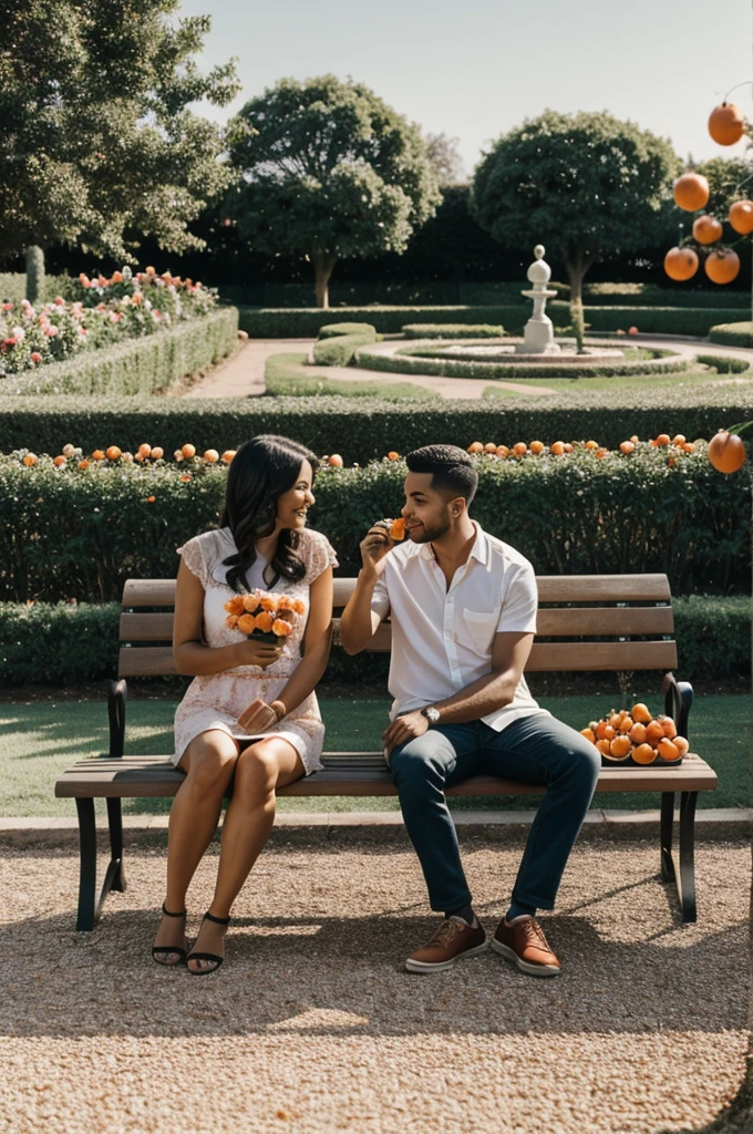 A couple sitting on a bench eating tangerines and with a rose garden in the background