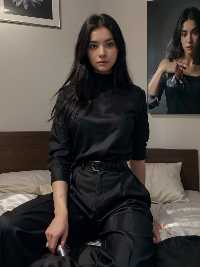 A beautiful  girl,perfect face,ultra realistic,blue eyes,black hairs,wearing a black silk trouser,and a black silk shirt, wearing a silver chain on neck,ultra realistic,holding a dildo,Realistic,sitting on a bed,a flower painting in her background.Ultra high res.photorealistic:1.4 UHD,black nailpolish,realistic hands