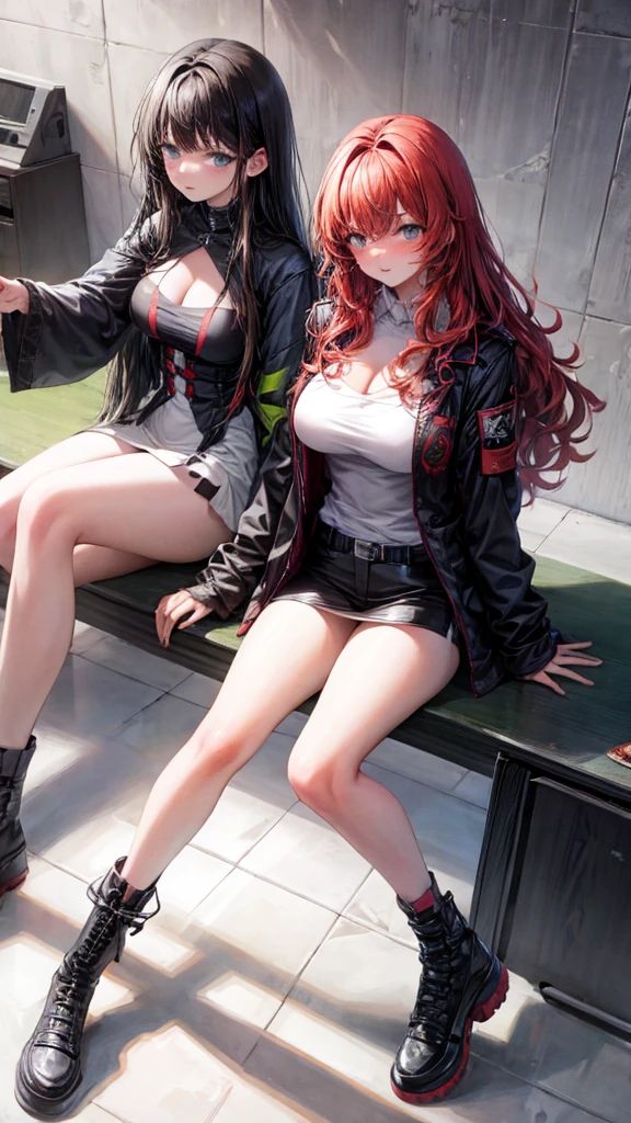 two 18 year old women, (duo), long red hair, curly black hair, posing together, perfect body, slim body, 8k, extremely detailed, best quality