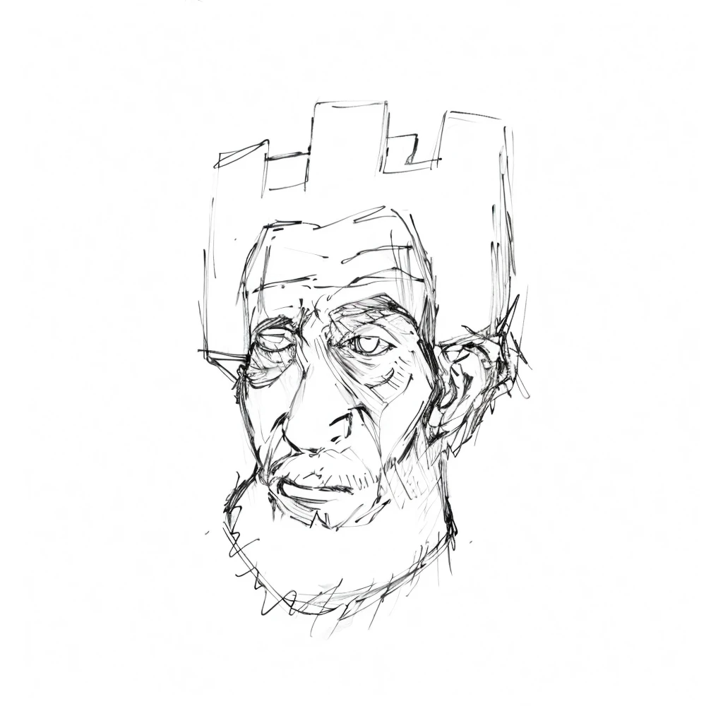 Chess tower man, sketch, black ink