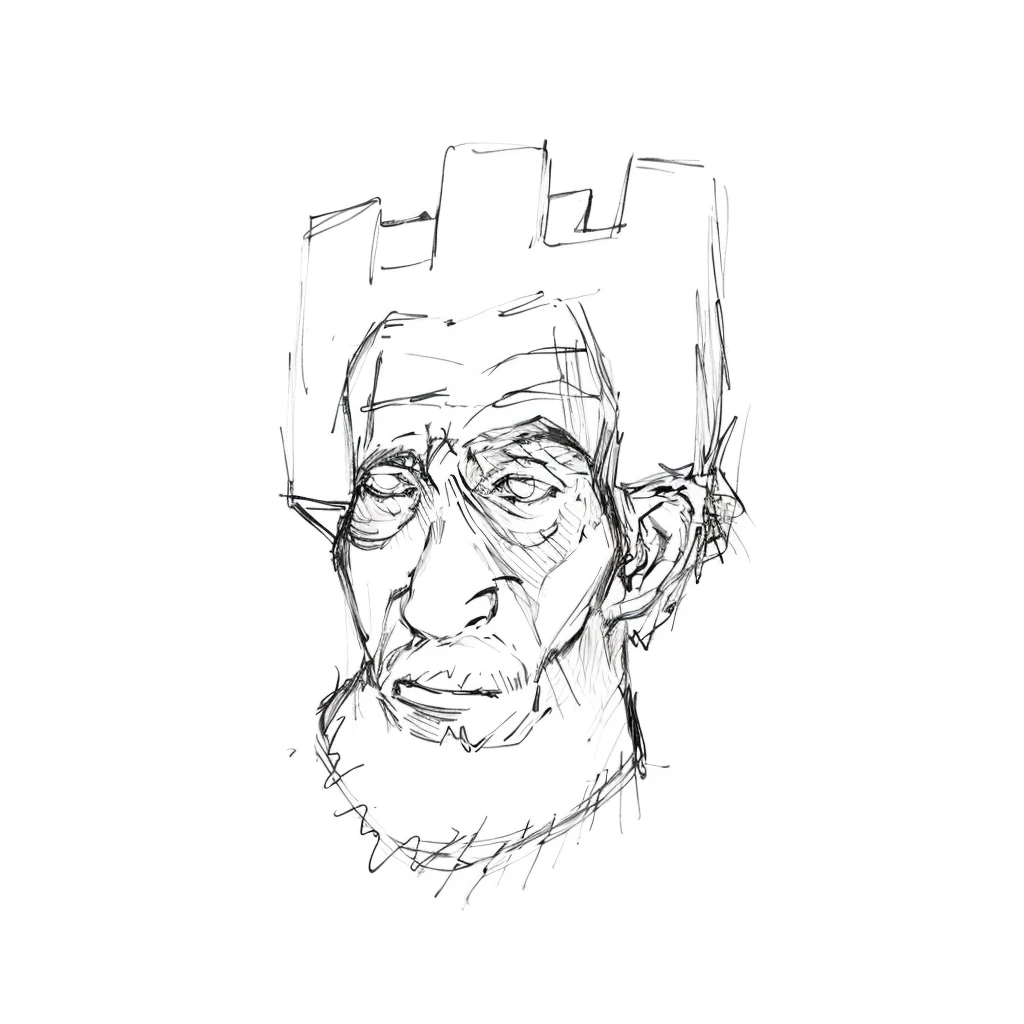 Chess tower man, sketch, black ink