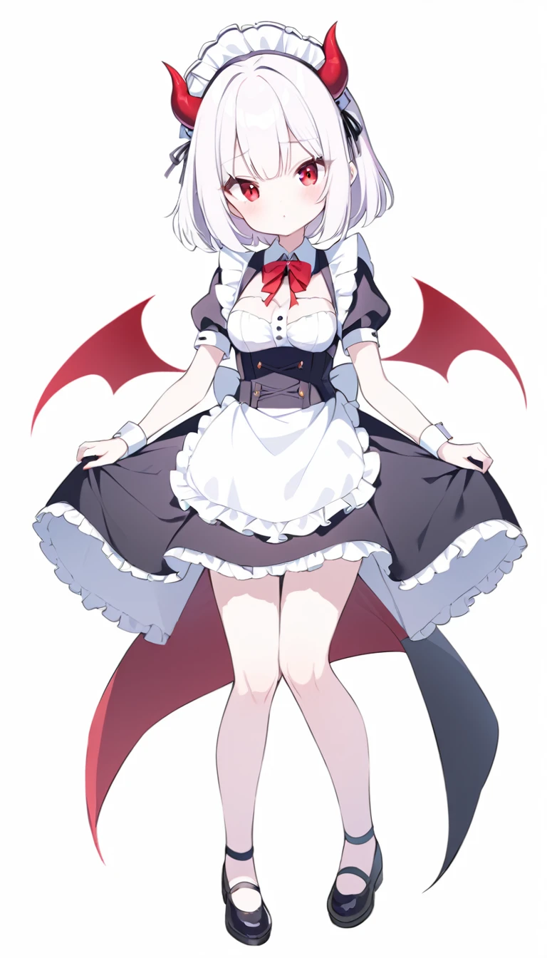 Teenage girl, devil girl, little red horns, white hair, short fluffy hair, big red eyes, pale skin, rosy cheeks, medium breasts, red cheeks, maid outfit. white background, full body
