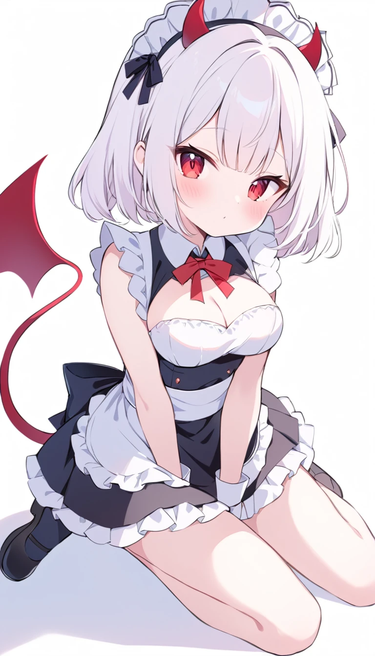 Teenage girl, devil girl, little red horns, white hair, short fluffy hair, big red eyes, pale skin, rosy cheeks, medium breasts, red cheeks, maid outfit. white background, full body