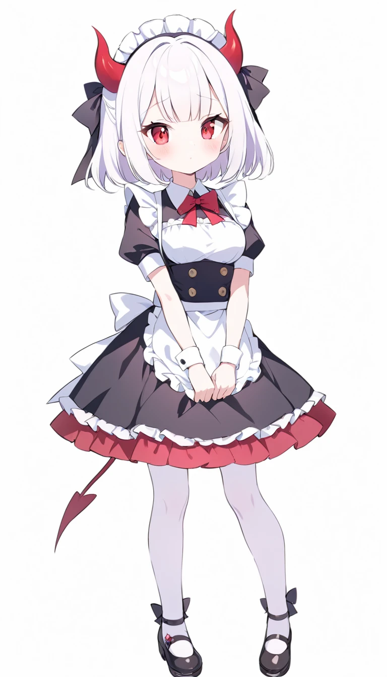 Teenage girl, devil girl, little red horns, white hair, short fluffy hair, big red eyes, pale skin, rosy cheeks, medium breasts, red cheeks, maid outfit. white background, full body